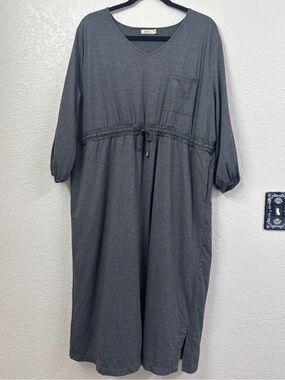 Inherit 3XL Gray Knit Midi Dress Drawstring Waist Pockets Modest Minimalist